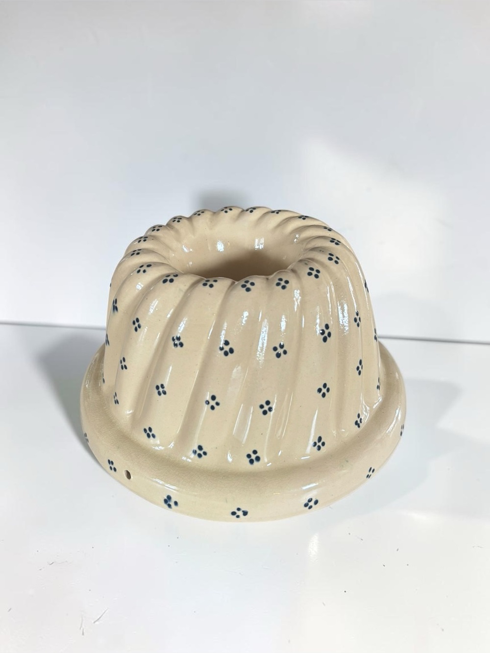 Vintage Ceramic Kugelhopf Mold Blue Dot Cream Pottery Bundt Wall Decor 10"